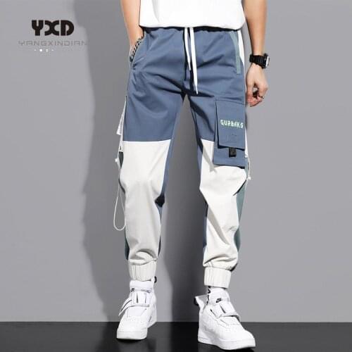 Mens new fashion brand summer thin cargo pants men streetwear ribbon loose punk hip hop pants man stitching casual trousers 5xl
