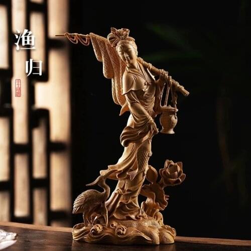 Home Decor Statue Beauty Fishing Boxwood Wood Statue Ornaments Figure Statue Chinese Features Wood Sculpture