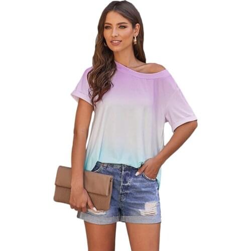Gradient T-Shirt Pullover Patchwork Top Short Sleeve O-Neck Loose Tshirts Tops Women Casual T-Shirt