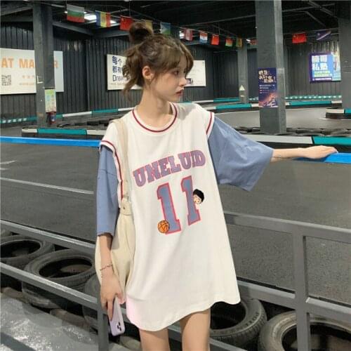 2021 Summer New Fake Two-Piece Short-Sleeved Oversized Sports T-Shirt For Women Long Loose Jersey College Style Print