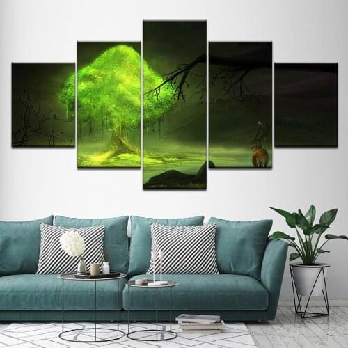 Canvas Painting deer in forest with tree mountain at night 5 Pieces Modular Wallpapers Poster Print for living room Home Decor