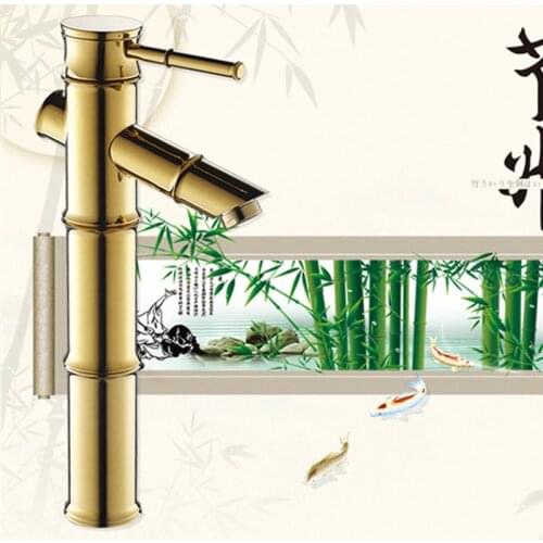 Brass Waterfall Bathroom Sink Faucet Vessel Tall Bamboo Water Taps Retro Single Hole Basin Faucets golden hot and cold faucets