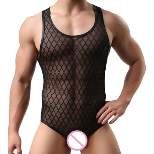 Mens Sexy Undershirts Mesh Transparent Underwear Bodybuilding Wrestling Singlet Jumpsuits Fishnet Lingerie Erotic Gay Bodysuits