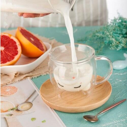 Cute Cartoon Pig Double Wall Glass Heat Insulation Kids Children Breakfast Oatmeal Milk Cup Anti-scald Cafe Coffee Mug Wholesale