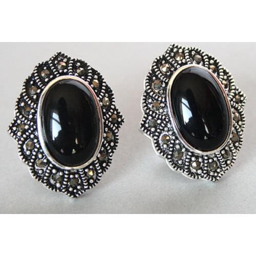 NEW tibetan Silver Nature Black onyx Marcasite Ornament Stud Earrings