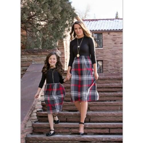 Family Matching Dress Clothes Women Girls Black Long Sleeve Plaid Mother and Daughter Striped Dresses Outfits