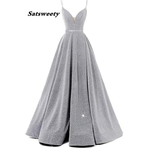 Beading Prom Dresses Long 2021 V Neck Light Gray High Split Tulle Sweep Train Sleeveless Evening Gown A-Line Backless Vestido De