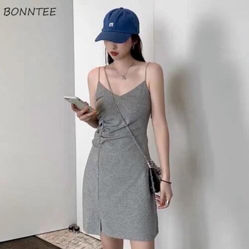 Dresses Women Slim A-line Solid Color Sexy Female Above Knee Camisole Club Summer Folds Leisure Inside Clothing Basic Plus Size