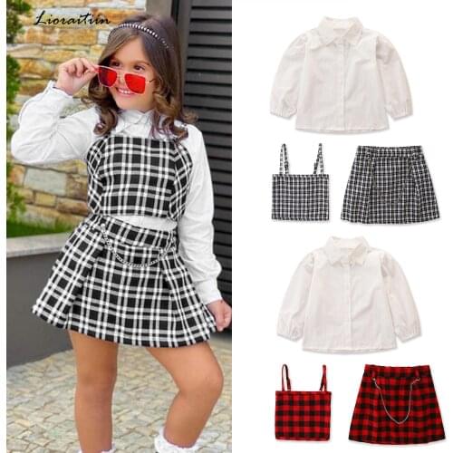 Lioraitiin 1-6Years Toddler Baby Girl 3Pcs Kids Summer Outfit Solid Color Long Sleeve Shirt Plaid Strappy Vest Chain Skirt Suit