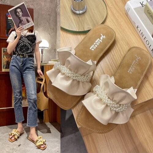 Pearl ruffled sandals for ladies, summer new style Korean fashion open-toed casual flat slippers