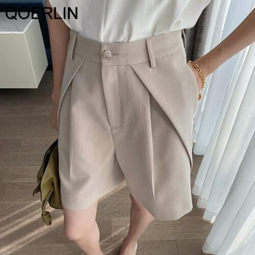 QOERLIN Chic Pleated Thin Suit Shorts Female Summer Elegant High Waist Loose Wide Leg Casual Black Formal Shorts Women Clothing