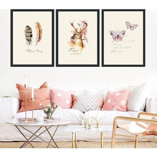 Nordic Canvas Painting Animal Home Decor Cute Butterfly Sika Deer Feather Poster Wall Art Poster Kid Bedroom Living Room Decor