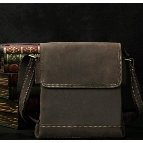 Vintage Crazy Horse Genuine Leather Mens Messenger Bag Real Leather Shoulder bags for Men Crossbody Bag for IPAD Case Fashion