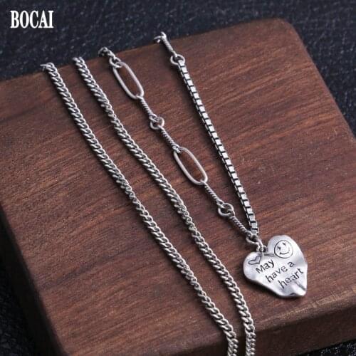 BOCAI Real S925 Silver Jewelry Love Smiley Letter pendant Clavicle Chain 2021 Trend AB style Personality Fashion Woman Necklace