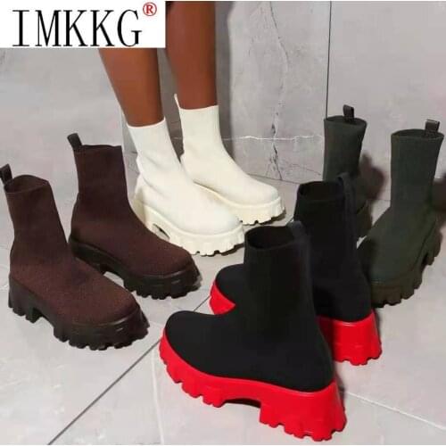 Women 2021 Autumn And Winter Couple Socks Boots Shoes New Thick-soled Casual Knitted Short Boots Female Botines Mujer Size 42