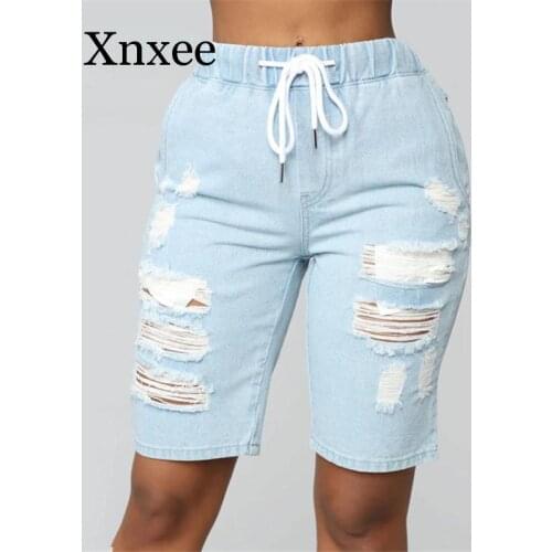 Knee Length Light Blue Pants Denim Drawstring Waist Lady High Waist Hole Light Blue Short Jeans Women Pop Denim Bottoms