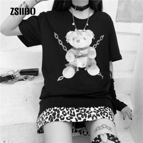 Harajuku horror bear print summer new tees gothic plus size fun punk hip-hop ins Ulzzang female short sleeve Vintage T-shirt