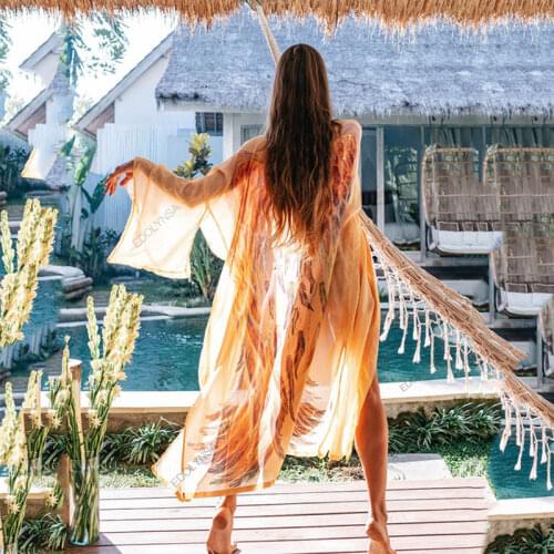 2021 Boho Feather Wings Cover-ups Plus Size Feathered Tunic Women Summer Kimono Holiday Beach Wear Swim Suit Cover Up A929