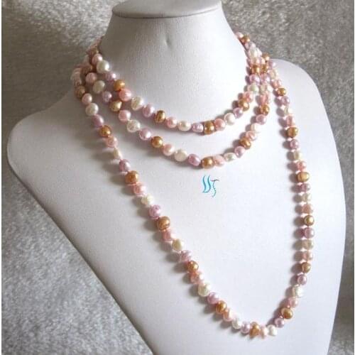 Long Pearl Necklace 58inches 8-9mm White Pink Champagne Baroque Freshwater Pearl Necklace New Free Shipping