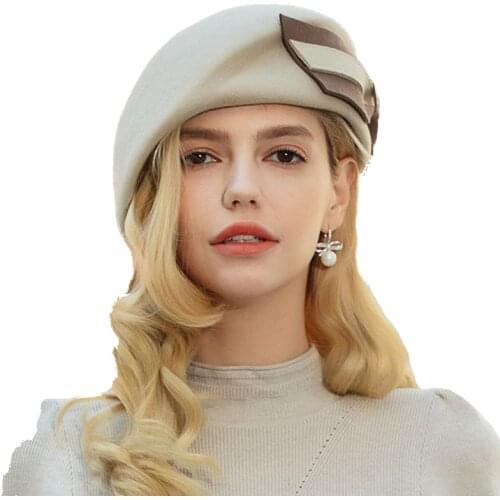French Camel Wool Hats Beret Women Winter Fedora Felt Big Bow Elegant Lady Church Caps Berret Femme Girls