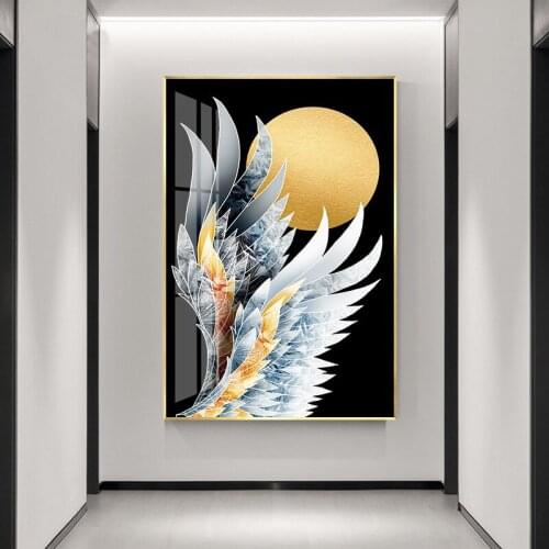 Exquisite Golden sun feather Enamel White Unicorn modern decorative Picture Canvas Wall Art Poster for room hotel office decor