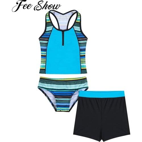 3PCS Kids Girls Swimwear Swimming Suit Tankini Set Shorts Stripped Bikini Bottom Scoop Neck Tank Top with Front Zipper Beachwear
