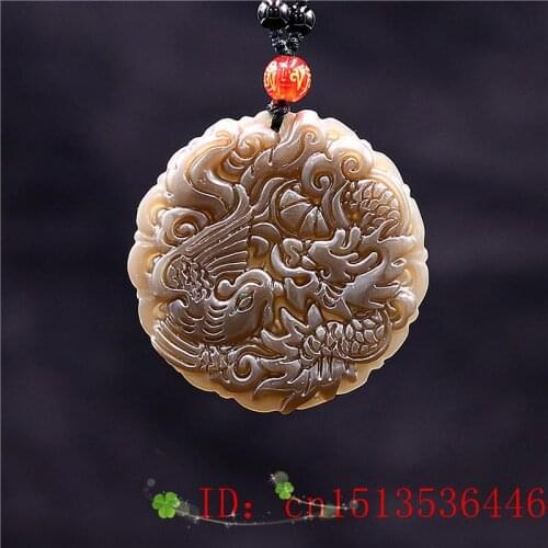 Brown Jade Dragon Phoenix Pendant Charm Chinese Necklace Jewelry for Women Jadeite Gifts Amulet Men Carved Fashion Natural