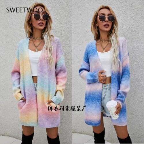 2021 European and American Fall/winter Sweater Jacket Women Rainbow Tie-Dye Mid-Length Plus Size Cardigan Knitted Jacket
