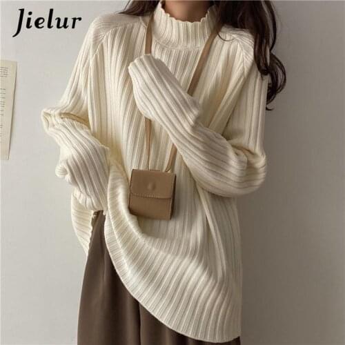 Jielur 2021 Autumn Winter Knitted Thick Sweater Women Beige Coffee Casual Pullovers Sweaters Loose Warm Jumper Female Knitwear
