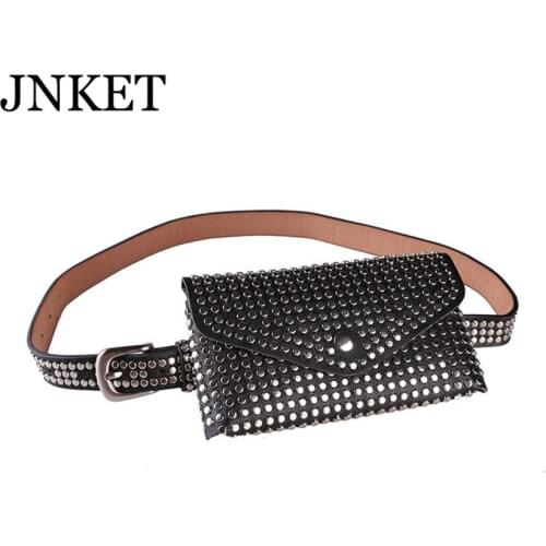 JNKET New Fashion Rivet Belt Bag Womens Waist Packs PU Leather Waist Bag Punk Bum Bag Lady Phone Bag Jeans Belt