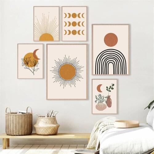 Mid Century Modern Poster Abstract Sun Moon Wall Art Canvas Painting Line Rainbow Print Boho Wall Pictures For Living Room Decor