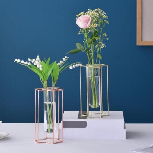 Nordic ins style Glass Vase Sturdy Construction Geometric Hollow Design Iron Modern Hydroponic Flower Pot Decor for living room