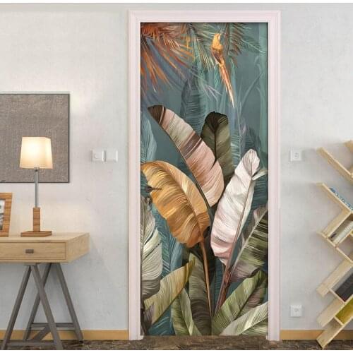 Pvc Waterproof Self-Adhesive Door Sticker Wall Decoration Hd Banana Leaves Photo Sticker Living Room Bedroom Decor Door Sticker