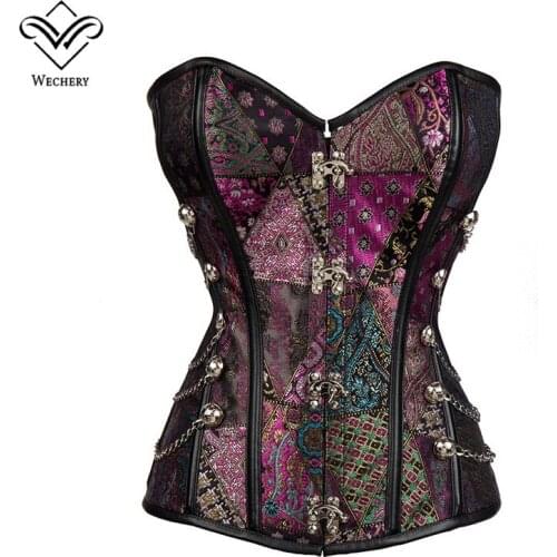 Wechery Purple Corset Gothic Vintage Floral Corselet with Chains Body Shaper Plus Size Steel Boned Womens Floral Bustier Tops