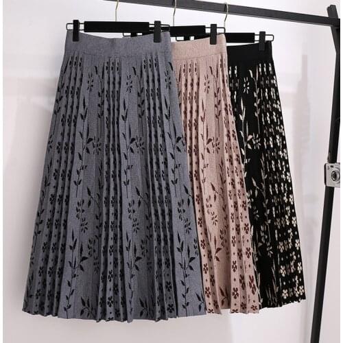 Knitted Floral Pleated Female WomenS Skirts Clothes 2021 Spring Winter Autumn Vintage High-Waisted D0427