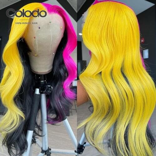 Yellow Pink Ombre Lace Front Wig Pre Plucked 13x4 Lace Front Human Hair Wigs Remy Glueless Transparent Lace Wigs for Wigs COLODO