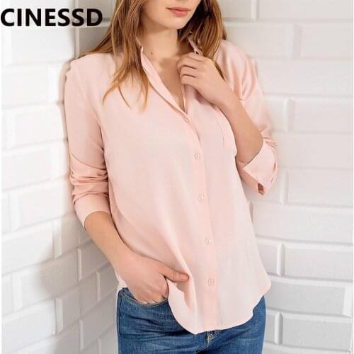 CINESSD Solid Casual Women Blouse Turn Down Collar Long Sleeves Pockets Button Cardigan Tops Tee Shirts Blue Slim Loose Blouses