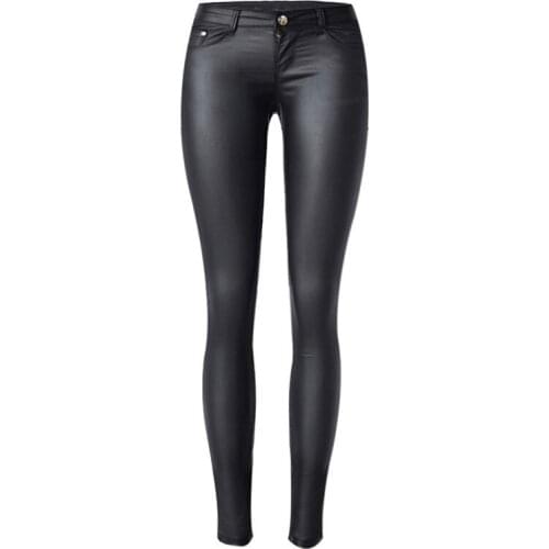 MIND FEET Women Skinny Pants Low Waist Push Up Hips Elastic Slim Force Coating PU Pants Plus Size Pencil Pants Black Female