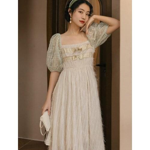 Summer Royal Princess Dress Women Vintage Puff Sleeve Square Collar Retro Midi Dresses For Elegant Lady Dinner Party Vestido