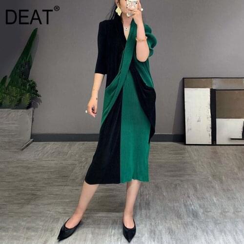 DEAT Pleated Dress Women Elegant Hit Color Patchwork V Collar Slim Cross Design Vintage 2021 New Spring Autumn Fashion AM812