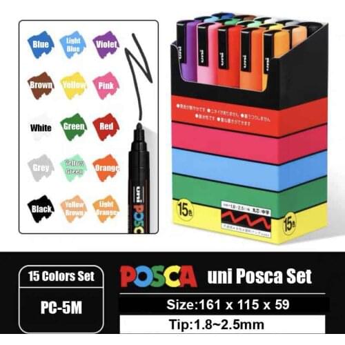 1 set Japan uni Posca PC-5M Paint Marker Tip 1.8-2.5mm Art Marker Pens Water-Based 15 Colors Set