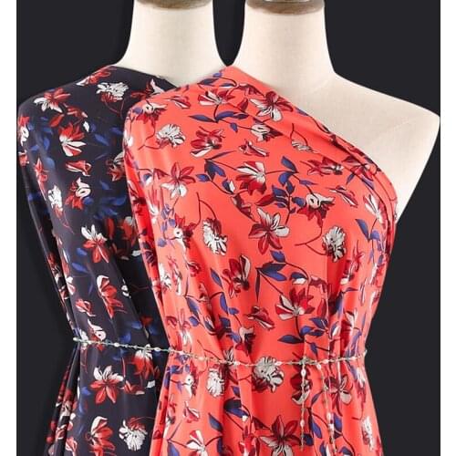 140CM Wide 16MM Floral Print Red Blue Silk Crepe de Chine Fabric for Dress Shirt Clothes Cheongsam Y028