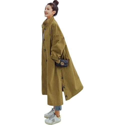 2020 Fashion Autumn Winter Long Trench Women Khaki Red Long Windbreak Single Breasted Streetwear Loose Trench Coat Plus Size