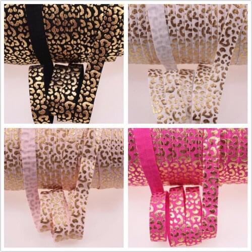 4 colors Gold foil leopard Printed foe elastic 5/8" fold over elastic 100 yards per lot for hair accessories