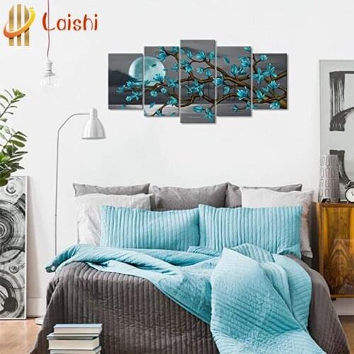 5pcs home decor Abstract blue green magnolia flowers on the sea diamond painting full drill square round cross stitch mosaic