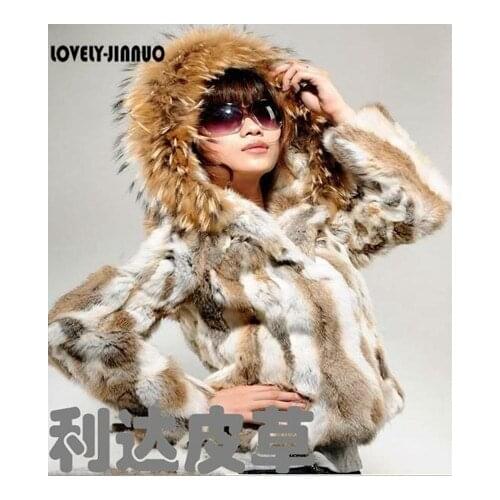 Free Shipping Genuine Rabbit Fur Coat with big hat natural rabbit fur jacket Women short Fur coat with raccoon collar F807