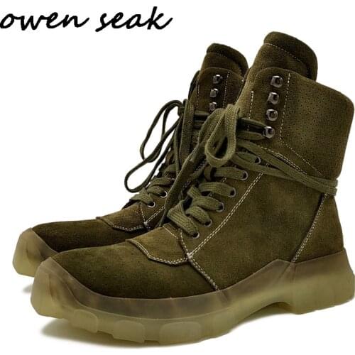 Owen Seak Men Boots Genuine Leather High-TOP Ankle Boots Luxury Trainers Casual Lace-up High Street Zip Flats Autumn Shoes