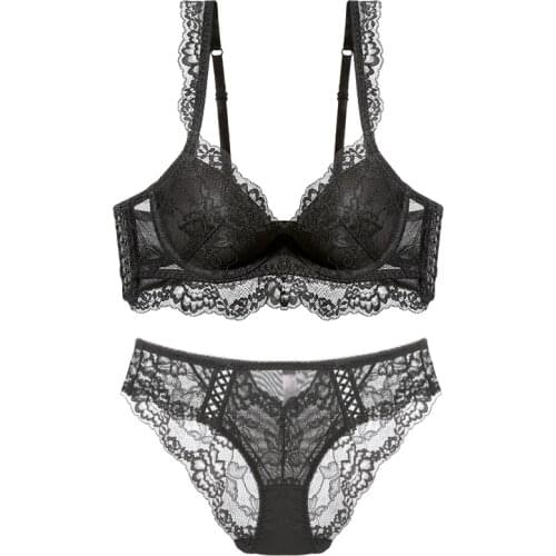 Black Floral Lace Bra And Panty Sets Womens Sexy Lingerie Plus Size Thick Cup Push Up Cotton Underwear Women Set White A B C D