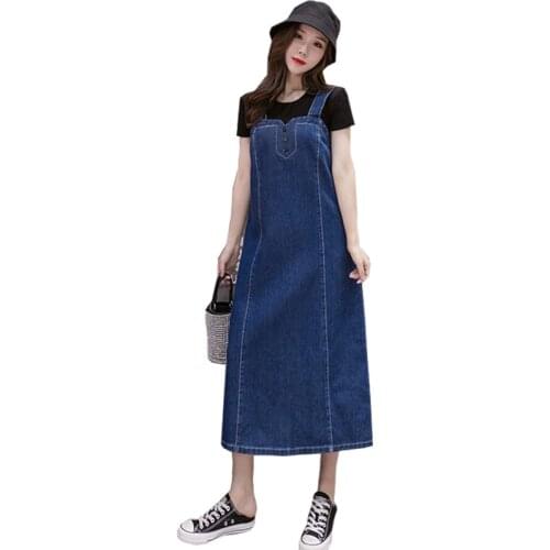 5XL Oversized Large Plus Size Denim Sundress Women Casual Vintage Long Jeans Dress Spaghetti Strap Dresses Korean Robe Femme A58