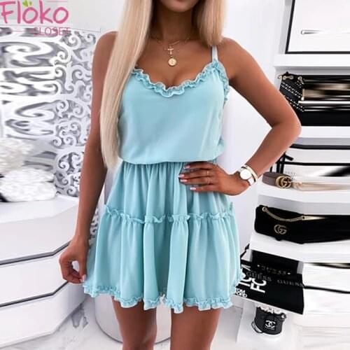 Flokocloset Solid Color Sleeveless V-Neck Spaghetti Strap Mini Dress Casual Edible Tree Fungus A-LINE Party Sundress